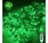 Patioman St. Patrick's Day Garland with Lights, LED Shamrock Tinsel Metallic Garland with 8 Lighting Modes USB Powered Green Fairy Lights for Shiny Saint Patty's Day Irish Party Home Decoration, 10FT