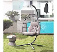 Patiorama Indoor Outdoor Egg Swing Chair with Stand, Patio Grey Wicker Rattan Hanging Chair with Rope Back, Cushion,Cover,All Weather Foldable Hammock Chair for Bedroom, Garden (Light Grey)