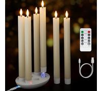 Patiphan Flameless Taper Candles with Remote Control, 6 Pieces Ivory LED Candles, Rechargeable, Real Wax Shell, Timer, for Home Decoration