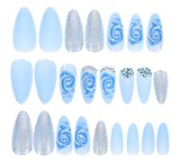 PATKAW Blue Rose Pattern Press on Nails with Jelly Glue, Abs Material Fake Fingernails for Women, Unique Design Simple to Decorate, for Birthday and Wedding Occasions