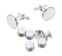 PATKAW Men’s French Cuff Shirt Cufflinks and Tuxedo Studs Set, round White Shell Drop Oil Inlay, Formal Shirt Accessories for Business, Wedding, and Groom Attire