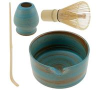 PATNFR 4Pcs Matcha Whisk Set Ceramic Japanese Matcha Tea Set with Whisk Holder and Scoop Handmade Green Tea Bowl with Pouring Spout for Drinking and Lovers(Blue)