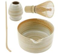 PATNFR 4Pcs Matcha Whisk Set Ceramic Japanese Matcha Tea Set with Whisk Holder and Scoop Handmade Green Tea Bowl with Pouring Spout for Drinking and Lovers(Yellow)