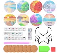 PATNFR 8Pcs Diamond Paintings Coasters Kit Versatile Diamond Art Coasters Kits with Holder Landscape Round 5D Full Drill DIY Art Cup Coaster Tabletop Protection for Beginners Crafts Supplies Present