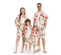 PATPAT Family Matching Outfits Hawaiian Mommy and Me Beach Tropical Plant Allover Flower Print Shirt and Shorts Set, Beige Beach, M