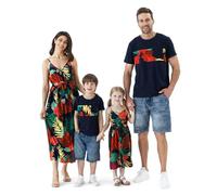 PATPAT Family Matching Outfits Mommy and Me Dresses Leaf Print Spaghetti Strap Casual Sleeveless Matching Outfits, Blue&red S