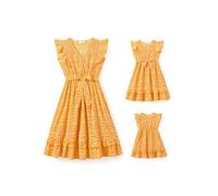 PATPAT Set of Dresses for Mother and Daughter: Polka dot Dress with Flutter Sleeves for The Perfect Family Outfit, Baby Dresses - Girls/Women, S Bright Yellow