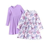PATPAT Toddler Girls Dress Set Long Sleeve, Dress School Enrollment Girls, Pack of 2 Dress Girls Festive with Butterfly Pattern for Birthday, Party, Banquet, Wedding, Holiday, Size 83-122 Purple