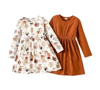 PATPAT Toddler Girls Dress Set Long Sleeve, Dress School Enrollment Girls, Pack of 2 Dress Girls Festive with Butterfly Pattern for Birthday, Party, Banquet, Wedding, Holiday, Size 83-122 Brown