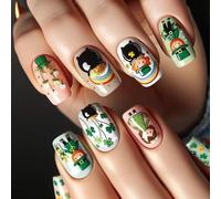 Patrick's Day Press On Nails French Nails Tip Square Fake False Clovers Designs Full Covers Acrylic Green Shamrock Fake Nail