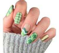 Patrick's Day Press On Nails French Tip False Nails Green Shamrock Manicure Set Glitters Full Covers Stick On Nails