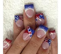 Patriotic 24pcs Short French Styles Glitters False Nails Manicure with Stripes and Star for Celebrations Artificial Nails