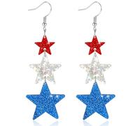 Patriotic 250th Anniversary USA Acrylic Dangle Earrings, Red White and Blue Glitter Star Drop, 4th of July, L, Crystal, No Gemstone