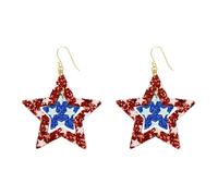Patriotic American Flag Five-pointed Star Dangle Drop Earrings for Women Gold-tone Glitter Red White Blue USA Flags 4th of July Independence Day Lightweight Dangling