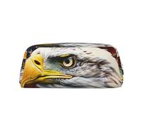 Patriotic Bald Eagle with American Flag Print Leather Pencil Case with Silver Zipper, Multi-Use Cosmetic & Stationery Organizer, Waterproof Desk Storage Pouch for School, Office & Travel Gifts