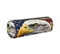 Patriotic Bald Eagle with American Flag Printed Leather Pencil Case Cute Stationery Organizer Round Makeup Bag Pen Pouch, Silver Zipper