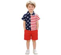 Patriotic Boys Outfit Set with Short Sleeve Button Front Shirt and Solid Shorts, Soft Cotton Blend for Independence Day Celebration Casual Playwear, Toddler and Kids Sizes 2-8 Years (Red, 18-24
