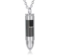 Patriotic Bullet Urn Necklace with American Flag - Stainless Steel Cremation Jewelry Holds Ashes, Waterproof Memorial Pendant for Military, Veteran, Pet Loss, Stainless Steel, No Gemstone