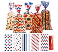Patriotic Cellophane Treat Bags 100PCS Red White Blue Treat Bags Star Wave Stripe Clear Plastic Candy Cello Goodie Gift Bag with Twist Ties for Independence Day 4th of July Veterans Memorial Day Party