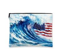 Patriotic Cosmetic Bag, American Flag Nautical Makeup Travel Pouch for Women, Compact Canvas Zipper Kit, Summer Gift Toiletry Organizer, Blue, 7x9 Inch, Wave