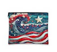 Patriotic Cosmetic Bag, Americana Wave Freedom Zipper Pouch with Red Hearts, Travel Organizer for Independence Day and Summer, red, 7x9 Inch, Star