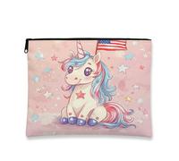 Patriotic Cosmetic Bag, Cute Unicorn American Flag Travel Makeup Zipper Pouch for Women, Portable Small Canvas Organizer, Summer Independence Day Gift, pink, 7x9 Inch, Unicorn