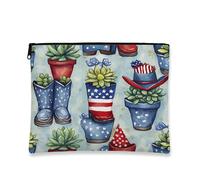 Patriotic Cosmetic Bag, USA Succulents Festive Americana Makeup Travel Organizer for Women, Small Canvas Zipper Pouch, Summer Independence Day Gift, blue, 7x9 Inch, Succulents