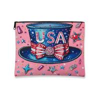 Patriotic Cosmetic Bag, USA Theme Whimsical Stars and Hat Makeup Travel Pouch for Women, Portable Small Canvas Zipper Organizer, 4th of July Festival Gift, pink, 7x9 Inch, Hat