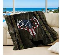 Patriotic Deer Skull Printed Blanket, Camouflage Style Soft Cozy Flannel Throw Blanket, Ideal for Outdoor Activities and Room Decor (08,75x100cm)