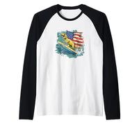 Patriotic Dinosaur Riding the Waves Costume Raglan Baseball Tee