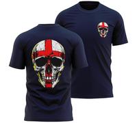 Patriotic England Skull T-Shirt St Georges Cross Skull Front and Back Print Design Mens Tee English Heritage Pride Great Britain, XL, Navy