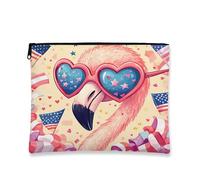 Patriotic Flamingo Cosmetic Bag, Heart Sunglasses Fun USA Makeup Travel Pouch for Women, Portable Small Canvas Zipper Organizer, July 4th Gift Skincare Toiletry Bag, pink, 7x9 Inch, Flamingo