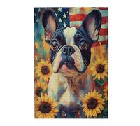 Patriotic French Bulldog with Flag 1000 Piece Adults Wooden Jigsaw Puzzle,Sunflowers & Colorful Paint Splashes,Oil Art Style,Hands-On Assembly of Your Home Décor Wall Art