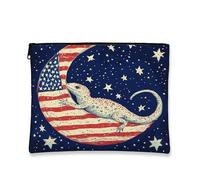 Patriotic Gecko Makeup Bag, Cosmic Lizard American Flag Cosmetic Travel Bags for Women, Portable Small Canvas Zipper Pouch, Summer Festival Gift Skincare Toiletry Bag Organizer, navy, 7x9 Inch, Gecko