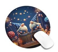 Patriotic Gnome Mouse Pad, Red White Blue Fireworks Design Stitched Edge Mousepad, Rubber Non-Slip Washable Gaming Mouse Pad for 4th of July Celebration, Home and Office Round 8x8 Inch