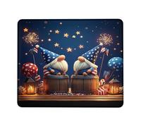 Patriotic Gnome Mouse Pad, Red White Blue Fireworks Design Stitched Edge Mousepad, Rubber Non-Slip Washable Gaming Mouse Pad for 4th of July Celebration, Home and Office Square 8x10 Inch