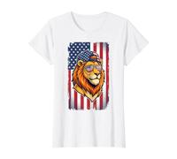 Patriotic Lion Sunglasses Cool American Pride Value Graphic T-Shirt, Women, White, M