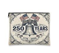 Patriotic Makeup Bag, Vintage Freedom Bells Cosmetic Travel Pouch for Women, Portable Canvas Zipper Organizer, 250 Years 7x9 Inch