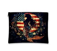 Patriotic Mermaid Cosmetic Bag, Night Sky Glitter Traveling Makeup Pouch, Portable Zipper Organizer for Women, Summer Festival Gift, Dark, 7x9 Inch, Mermaid