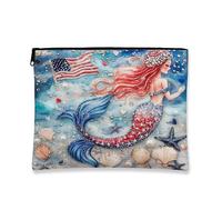 Patriotic Mermaid Cosmetic Travel Makeup Bags for Women, Portable Small Canvas Zipper Pouch, Summer Independence Day Gift Toiletry Bag Organizer, blue, 7x9 Inch, Mermaid