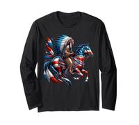 Patriotic Native American Chief on Horseback USA Flag Colors Long Sleeve T-Shirt
