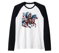 Patriotic Native American Chief on Horseback USA Flag Colors Raglan Baseball Tee