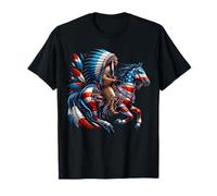 Patriotic Native American Chief on Horseback USA Flag Colors T-Shirt
