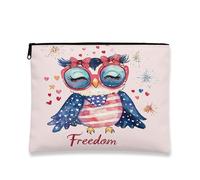 Patriotic Owl Cosmetic Bag, Stars and Stripes Cute Watercolor Travel Pouch for Women, Portable Canvas Zipper Makeup Case, Summer Freedom Celebration Organizer, multicolor, 7x9 Inch, Owl