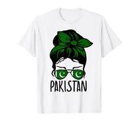 Patriotic Pakistan Cute Messy Bun Girl Mom Pakistani Flag T-Shirt