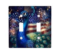 Patriotic Peacock Light Switch Cover Plates/Outlet Covers, Blue Feathers & Fireworks Wall Accents for Festive Decor, Independence Day Thermoplastic Wall Plates, Standard Size Double Toggle