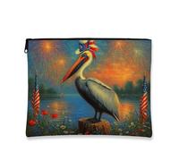 Patriotic Pelican Makeup Bag, Colorful Fireworks Coastal Cosmetic Travel Pouch for Women, Portable Small Canvas Zipper Organizer, Independence Day Gift Toiletry Bag, Colorful, 7x9 Inch, Pelican