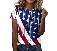 Patriotic Shirts for Women Red and White Striped Short Sleeve Tee Shirt American Flag Print Crew Neck Proud Brousers for Lady Independence Day(Blue,S)
