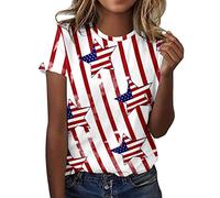 Patriotic Shirts for Women Red and White Striped Short Sleeve Tee Shirt American Flag Print Crew Neck Proud Brousers for Lady Independence Day(White,XXL)