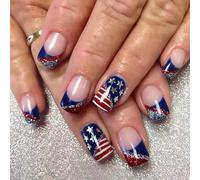 patriotic short square fake nail french tip press full cover fake nail independence day nail glue 4th french tip press